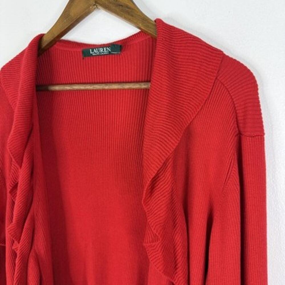 Ralph Lauren Red Ruffle Sweater Duster 2X Open Front Cardigan Knit